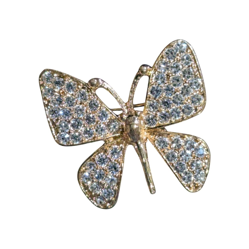Vintage Napier Gold-Tone Butterfly Brooch‎ With Clear Rhinestones